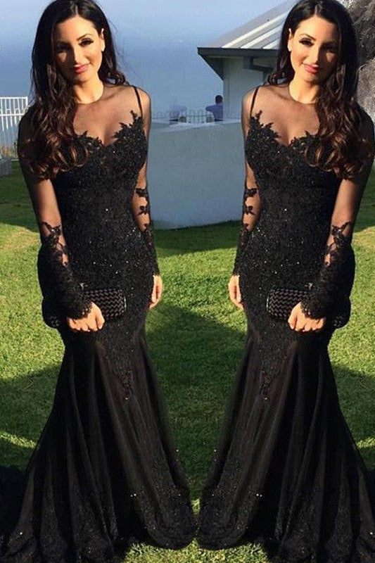 Chic Mermaid Long Sleeves With Appliques Spandex Prom Dress-ballbellauk