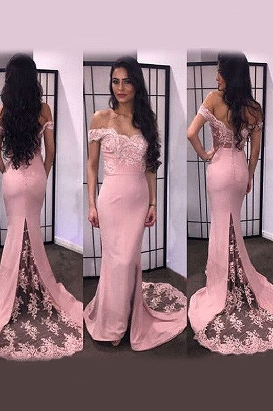 Chic Mermaid Off-the-Shoulder Sleeveless Lace Satin Prom Dress-ballbellauk