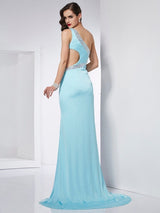 Chic Mermaid One-Shoulder Beading Sleeveless Long Evening Dress Chiffon-ballbellauk