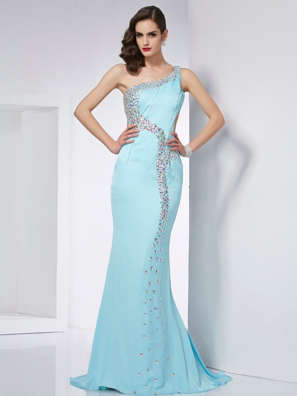 Chic Mermaid One-Shoulder Beading Sleeveless Long Evening Dress Chiffon-ballbellauk