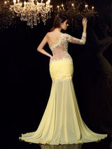 Chic Mermaid One-Shoulder With Appliques Long Sleeves Long Evening Dress Chiffon-ballbellauk