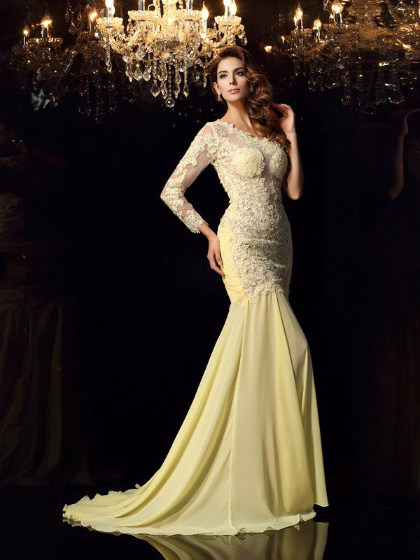 Chic Mermaid One-Shoulder With Appliques Long Sleeves Long Evening Dress Chiffon-ballbellauk