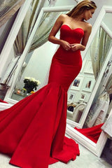 Chic Mermaid Ruffles Strapless Court Train Satin Sleeveless Prom Dress-ballbellauk