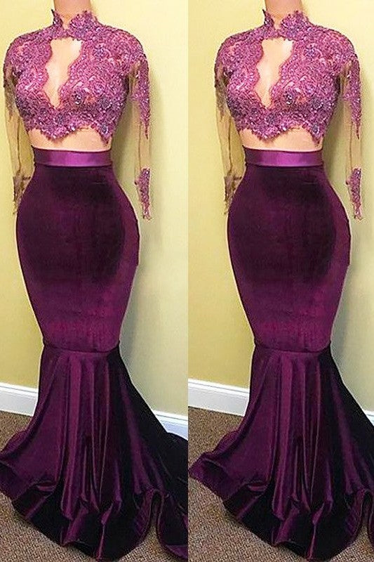 Chic Mermaid Satin Long Sleeves With Appliques Prom Dress-ballbellauk