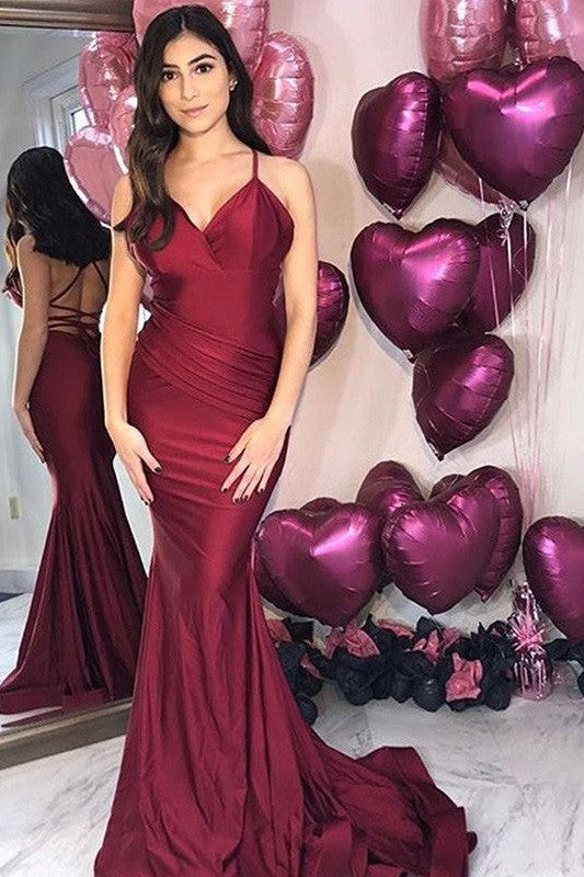 Chic Mermaid Satin Ruched V-neck Sleeveless Prom Dress-ballbellauk