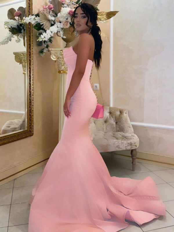 Chic Mermaid Satin Ruffles Strapless Sleeveless Prom Dress-ballbellauk