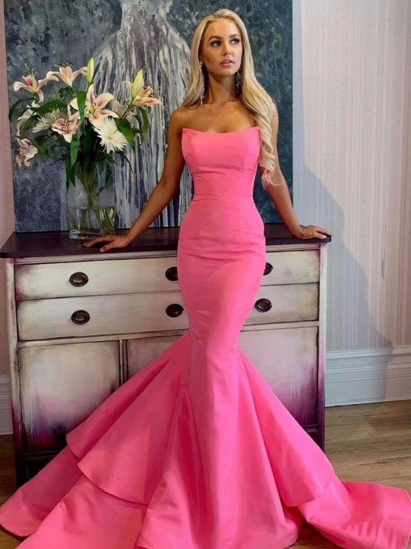 Chic Mermaid Satin Ruffles Strapless Sleeveless Prom Dress-ballbellauk