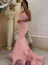 Chic Mermaid Satin Ruffles Strapless Sleeveless Prom Dress-ballbellauk