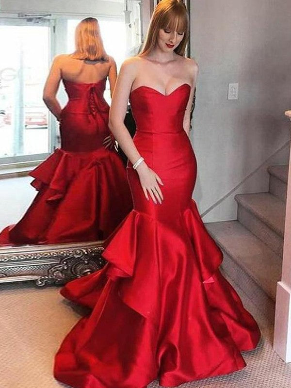 Chic Mermaid Satin Ruffles Sweetheart Sleeveless Prom Dress-ballbellauk