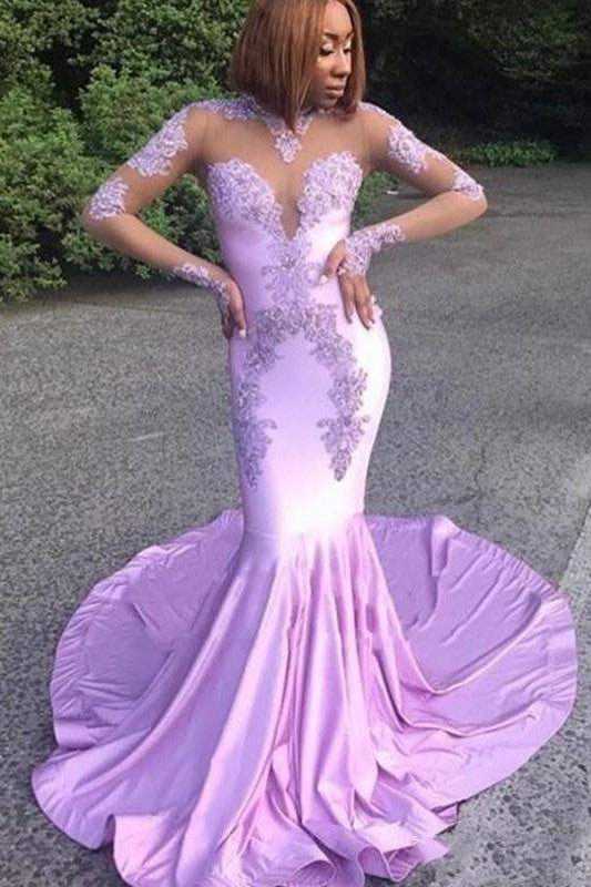 Chic Mermaid Satin With Appliques Scoop Long Sleeves Prom Dress-ballbellauk