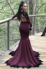 Chic Mermaid Satin With Appliques V-neck Long Sleeves Prom Dress-ballbellauk