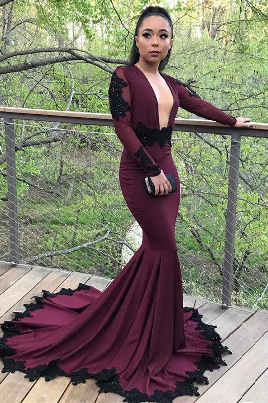 Chic Mermaid Satin With Appliques V-neck Long Sleeves Prom Dress-ballbellauk