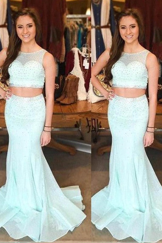 Chic Mermaid Scoop Beading Sleeveless Tulle Prom Dress-ballbellauk