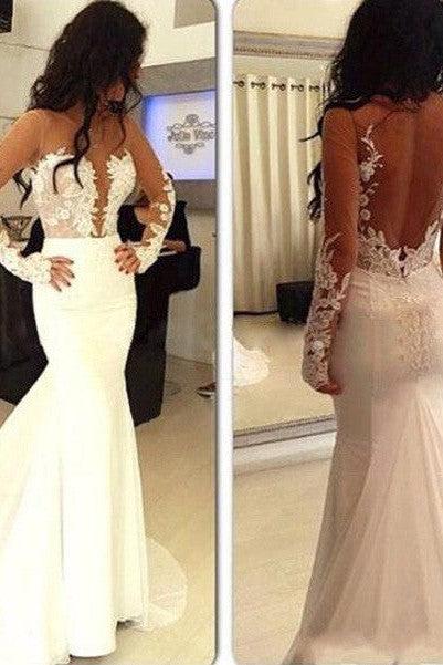 Chic Mermaid Scoop Chiffon Long Sleeves With Appliques Prom Dress-ballbellauk