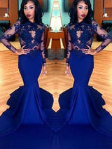 Chic Mermaid Scoop Lace Elastic Woven Satin Long Sleeves Prom Dress-ballbellauk