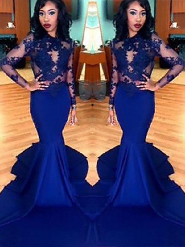 Chic Mermaid Scoop Lace Elastic Woven Satin Long Sleeves Prom Dress-ballbellauk