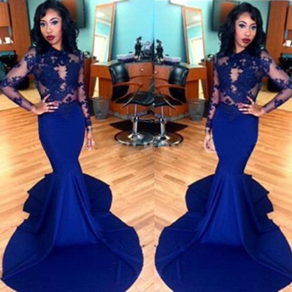 Chic Mermaid Scoop Lace Elastic Woven Satin Long Sleeves Prom Dress-ballbellauk