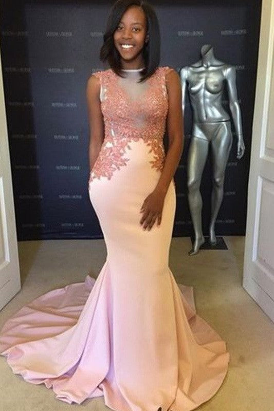 Chic Mermaid Scoop Satin With Appliques Sleeveless Prom Dress-ballbellauk