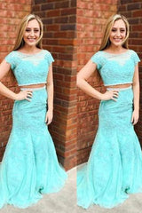 Chic Mermaid Scoop Short Sleeves Lace Prom Dress-ballbellauk