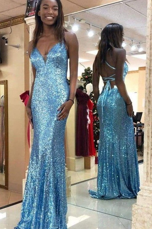 Chic Mermaid Sequins Sleeveless V-neck Ruffles Prom Dress-ballbellauk