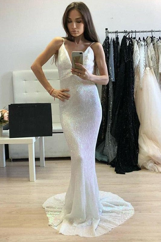 Chic Mermaid Sequins V-neck Ruffles Sleeveless Prom Dress-ballbellauk