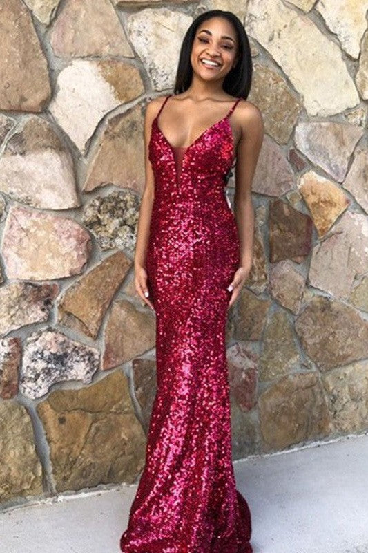 Chic Mermaid Sequins V-neck Ruffles Sleeveless Prom Dress-ballbellauk