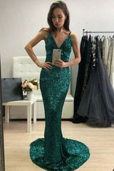 Chic Mermaid Sequins V-neck Ruffles Sleeveless Prom Dress-ballbellauk