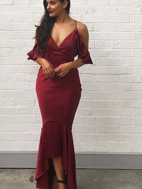 Chic Mermaid Spaghetti-Straps Short Sleeves Long Asymmetrical Prom Dress Long Online-ballbellauk