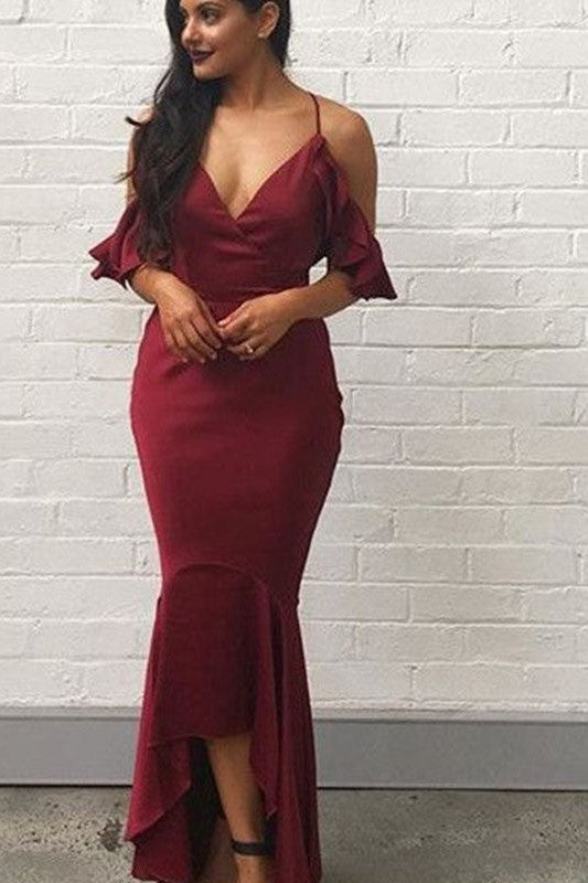 Chic Mermaid Spaghetti-Straps Short Sleeves Long Asymmetrical Prom Dress Long Online-ballbellauk