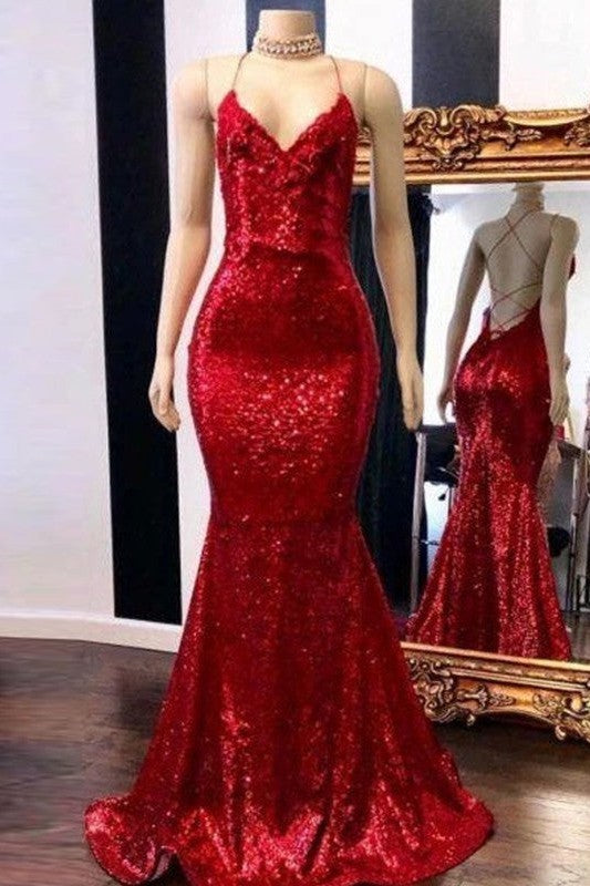 Chic Mermaid Spaghetti-Straps Sleeveless Sequins Prom Dress-ballbellauk