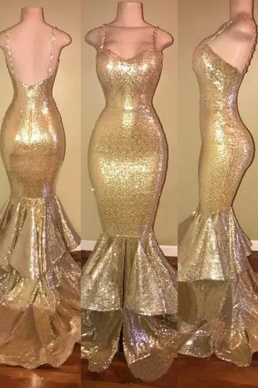 Chic Mermaid Spaghetti-Straps Sleeveless Sequins Ruffles Prom Dress-ballbellauk