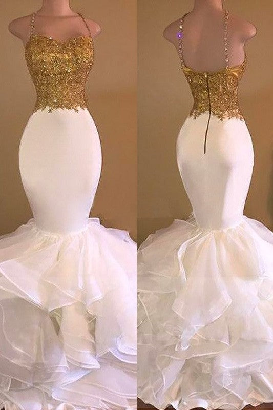 Chic Mermaid Spaghetti-Straps Sleeveless With Appliques Organza Long Prom Dress-ballbellauk