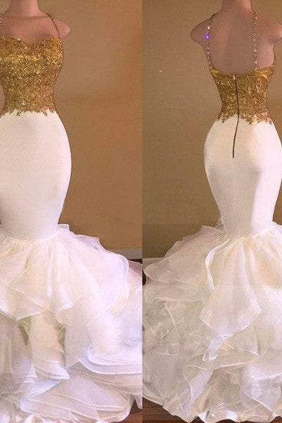 Chic Mermaid Spaghetti-Straps Sleeveless With Appliques Organza Long Prom Dress-ballbellauk