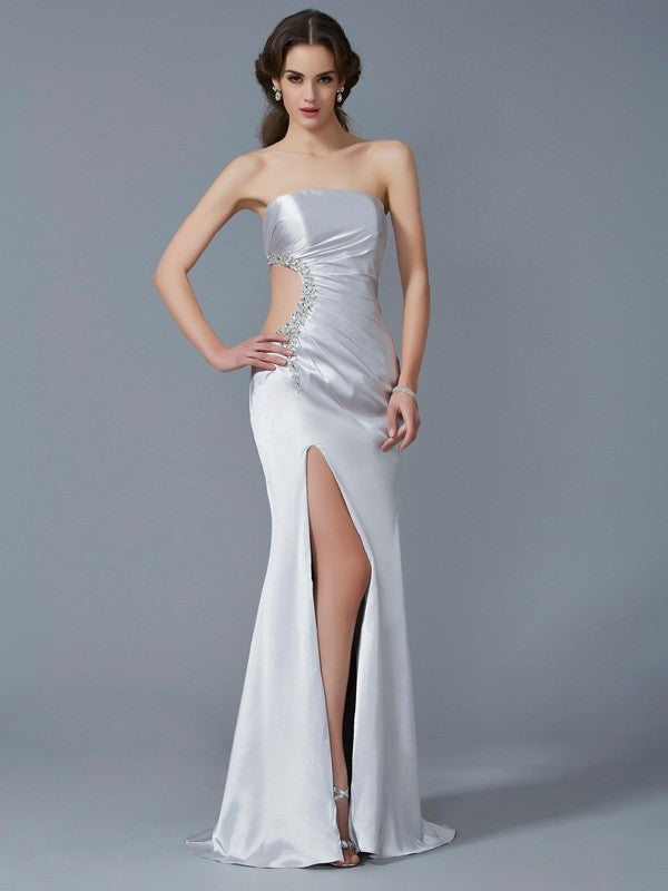 Chic Mermaid Strapless Beading Sleeveless Long Elastic Woven Elegant Evening Dress-ballbellauk