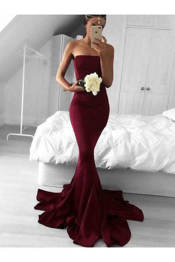 Chic Mermaid Strapless Stretch Crepe Sleeveless Ruffles Prom Dress-ballbellauk