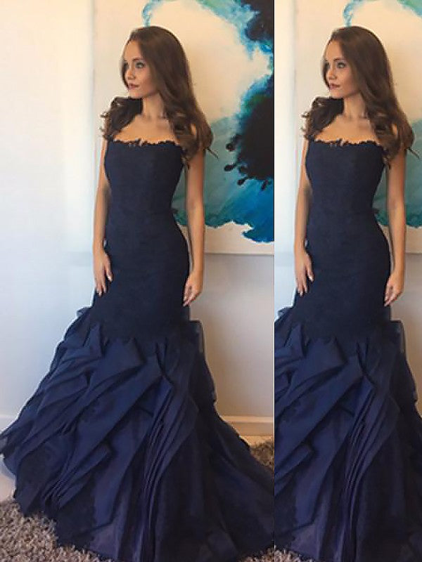 Chic Mermaid Strapless Taffeta Lace Sleeveless Long Prom Dress-ballbellauk