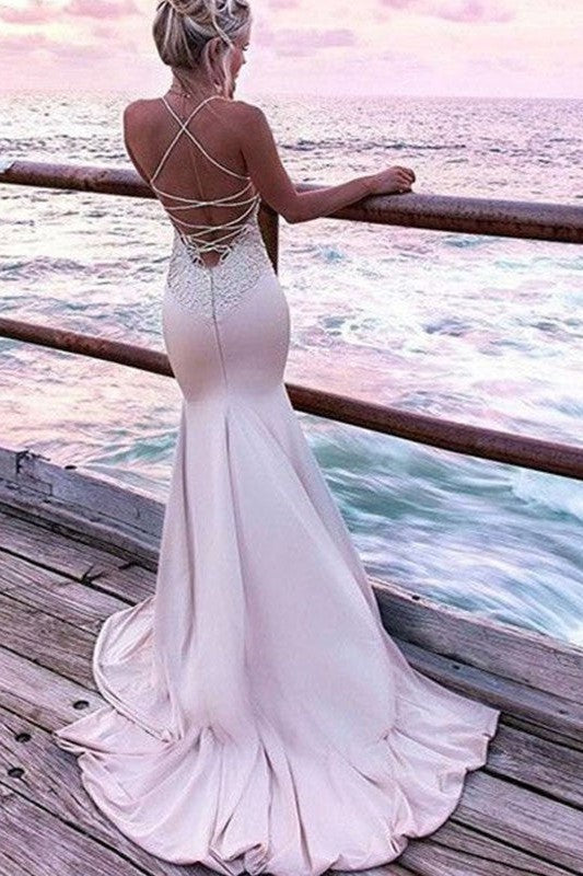 Chic Mermaid Straps Sleeveless Silk like Prom Dress Long Online-ballbellauk