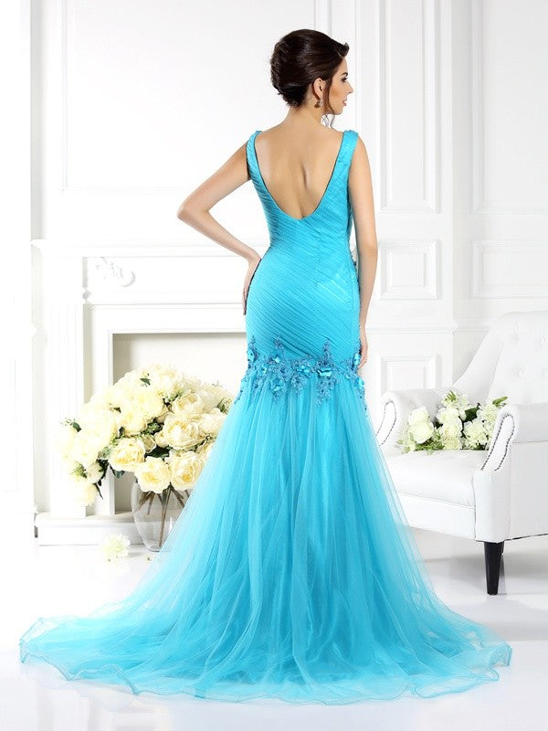 Chic Mermaid Straps With Appliques Sleeveless Long Silk like Elegant Evening Dress-ballbellauk