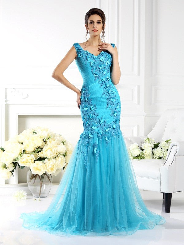 Chic Mermaid Straps With Appliques Sleeveless Long Silk like Elegant Evening Dress-ballbellauk