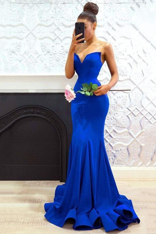 Chic Mermaid Stretch Crepe Sweetheart Ruffles Sleeveless Prom Dress-ballbellauk