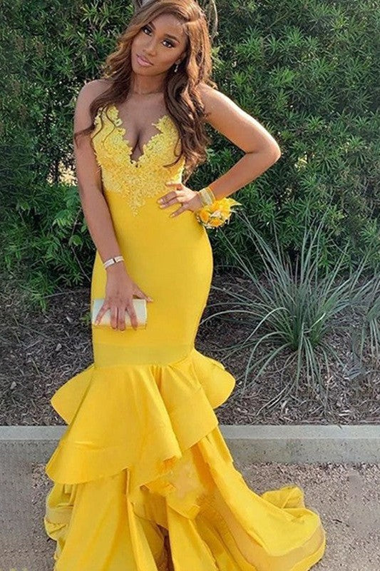 Chic Mermaid Stretch Crepe With Appliques V-neck Sleeveless Prom Dress-ballbellauk