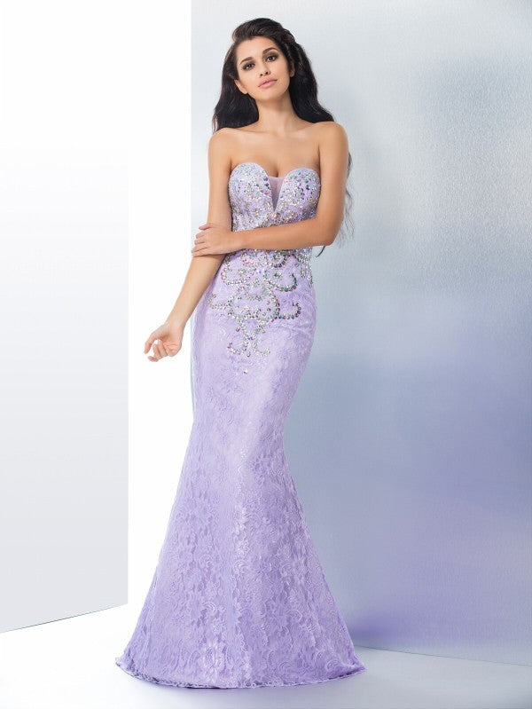 Chic Mermaid Sweetheart Beading Sleeveless Long Lace Prom Dress-ballbellauk