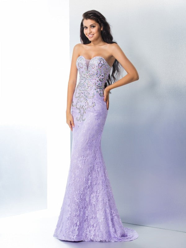 Chic Mermaid Sweetheart Beading Sleeveless Long Lace Prom Dress-ballbellauk