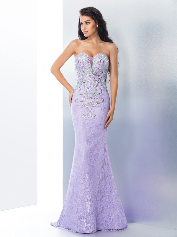 Chic Mermaid Sweetheart Beading Sleeveless Long Lace Prom Dress-ballbellauk