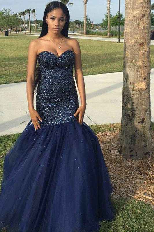 Chic Mermaid Sweetheart Beading Sleeveless Tulle Long Prom Dress-ballbellauk