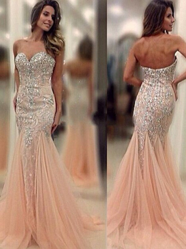 Chic Mermaid Sweetheart Sleeveless Beading Tulle Prom Dress-ballbellauk