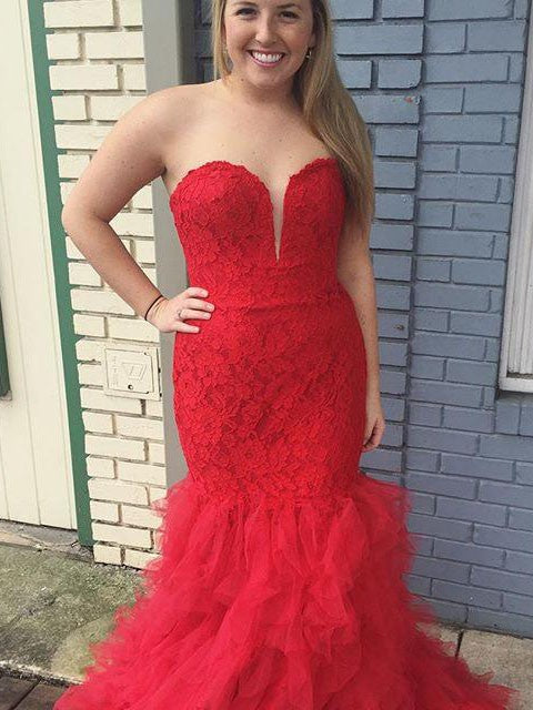 Chic Mermaid Sweetheart Sleeveless Lace Tulle Plus Size Prom Dress-ballbellauk