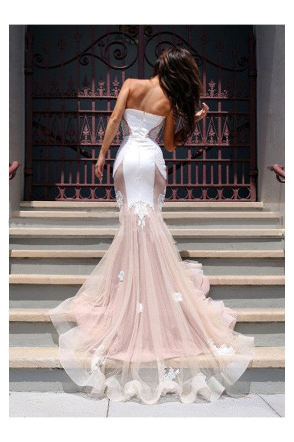 Chic Mermaid Sweetheart Sleeveless Tulle Chapel Train Prom Dress-ballbellauk