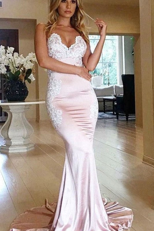 Chic Mermaid Sweetheart Sleeveless With Appliques Prom Dress Long Online-ballbellauk