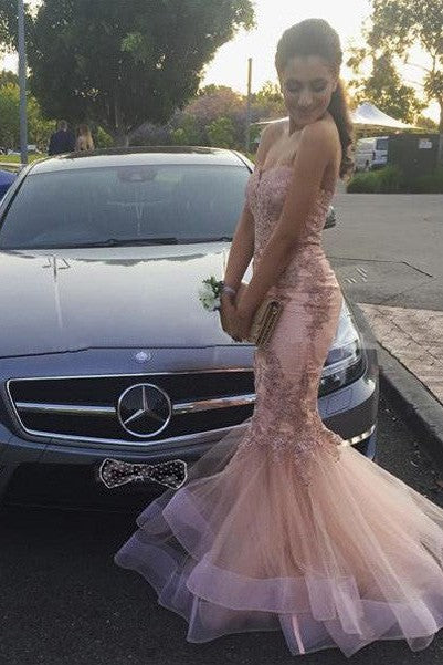 Chic Mermaid Sweetheart Tulle With Appliques Sleeveless Prom Dress-ballbellauk